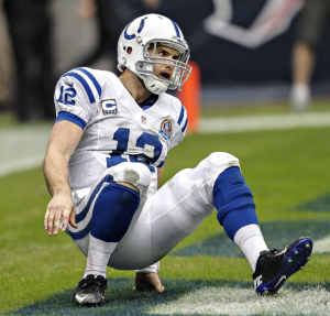 Luck was sacked 5 times by the Texans on Sunday(Photo by Bob Levey/Getty Images)